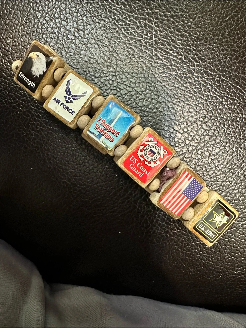 WristStory American Veteran Wooden Tile Stretch Bracelet Army Navy Marines Coast